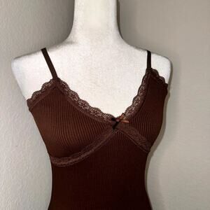 H&M Bodycon Dress Women's Small Brown Ribbed Lace Trim Spaghetti Straps Coquette